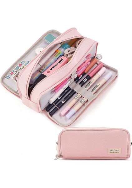 Okul Genç Kız Erkek Için Büyük Kapasiteli Kalem Kutusu 4 Bölmeli Kese Kalem Çantası-Pembe (Yurt Dışından)