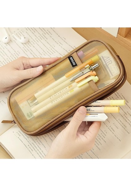 Fermuarlı Izgara Örgü Kalem Kalem Kutusu Şeffaf Makyaj Renkli Kılıfı Kozmetik Çantası Okul Genç Kız Şeffaf Kırtasiye Çantası Ofis Düzenleyici Kutusu-Haki (Yurt Dışından) fiyatları