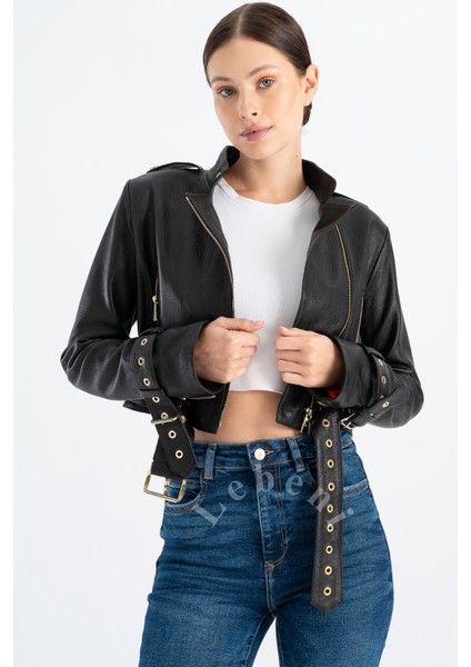 Crop Deri Ceket - Kısa Deri Ceket Hakiki Deri Biker Ceket Çapraz Fermuar Kuşgözü Yaka