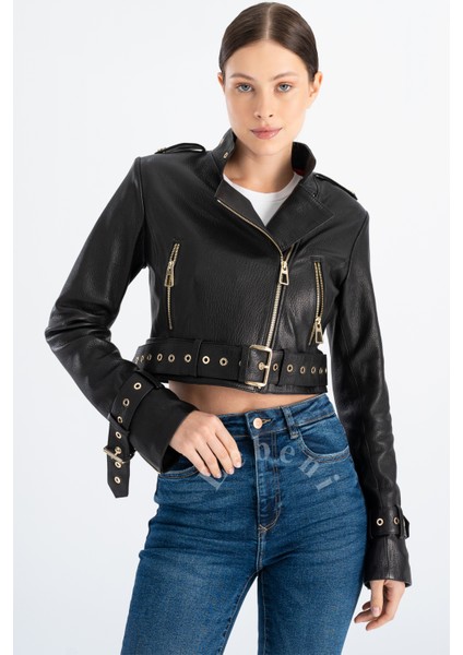 Crop Deri Ceket - Kısa Deri Ceket Hakiki Deri Biker Ceket Çapraz Fermuar Kuşgözü Yaka fiyatları