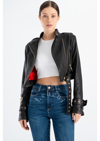 Crop Deri Ceket - Kısa Deri Ceket Hakiki Deri Biker Ceket Çapraz Fermuar Kuşgözü Yaka modelleri