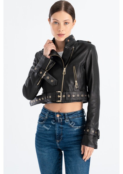 Crop Deri Ceket - Kısa Deri Ceket Hakiki Deri Biker Ceket Çapraz Fermuar Kuşgözü Yaka fırsatları