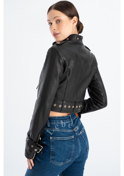 Crop Deri Ceket - Kısa Deri Ceket Hakiki Deri Biker Ceket Çapraz Fermuar Kuşgözü Yaka indirimleri