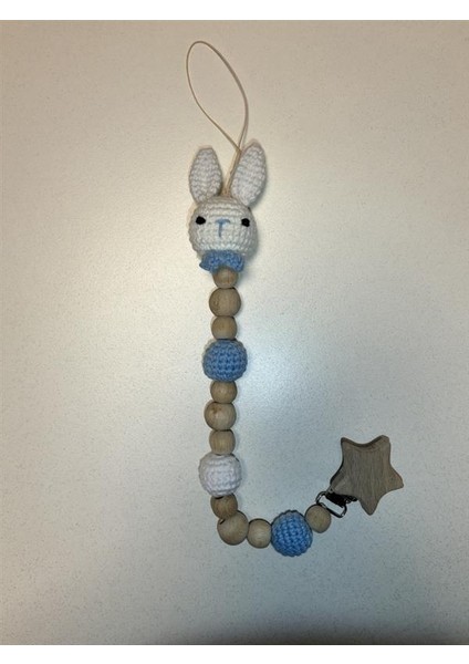 Amigurumi Ahşap / Örgü Emzik Askısı - Mavi / Beyaz modelleri