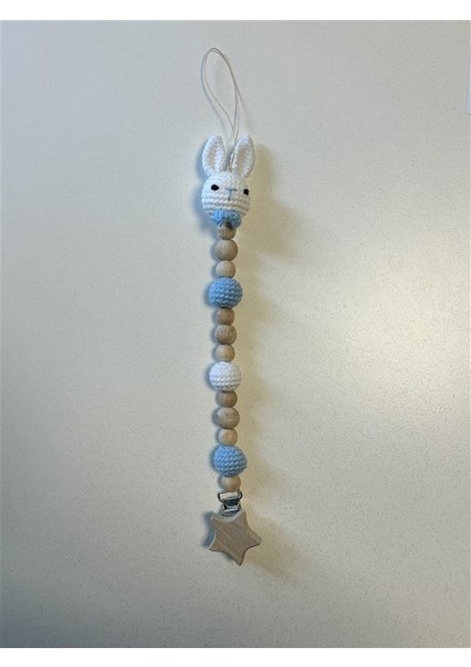 Amigurumi Ahşap / Örgü Emzik Askısı - Mavi / Beyaz fırsatları