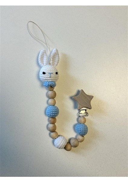 Amigurumi Ahşap / Örgü Emzik Askısı - Mavi / Beyaz indirimleri