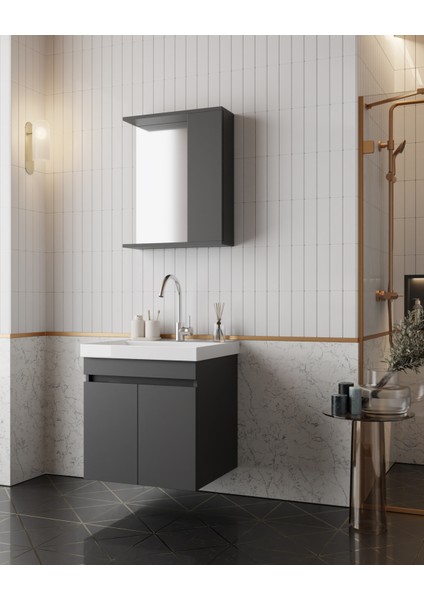 Karen Banyo Arya Banyo Dolabı Seti 60 Cm, Mat Antrasit,Lavabo dahil