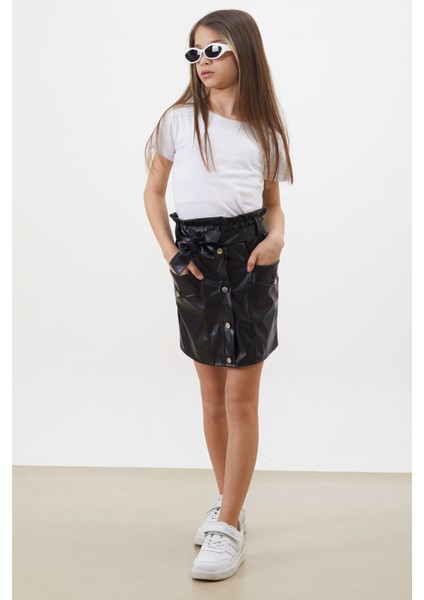 Siyah Düğme Detaylı Kuşaklı Kız Çocuk Deri Etek 18448