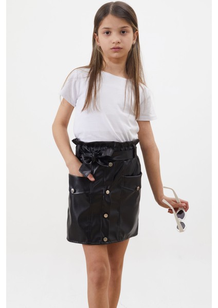 Siyah Düğme Detaylı Kuşaklı Kız Çocuk Deri Etek 18448 fiyatları