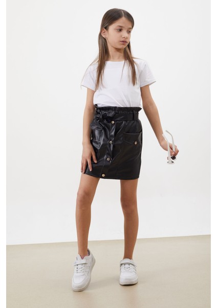 Siyah Düğme Detaylı Kuşaklı Kız Çocuk Deri Etek 18448 modelleri