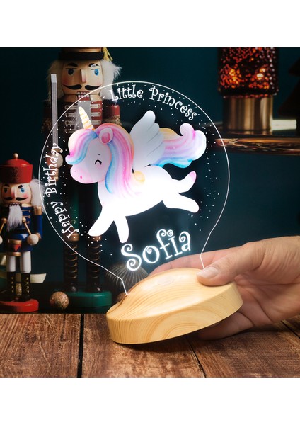 Unicorn Renkli Tek Boynuzlu At Isimli Kız Çocuk Odası Hediyesi LED Lamba, Unicorn Doğum Günü Parti Hediyesi