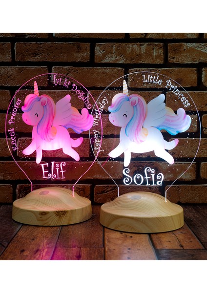 Unicorn Renkli Tek Boynuzlu At Isimli Kız Çocuk Odası Hediyesi LED Lamba, Unicorn Doğum Günü Parti Hediyesi