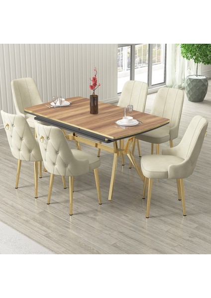 Nis Serisi 89X150 Açılabilir Lak Panel Hazar Masa Takımı 6 Krem Sandalye