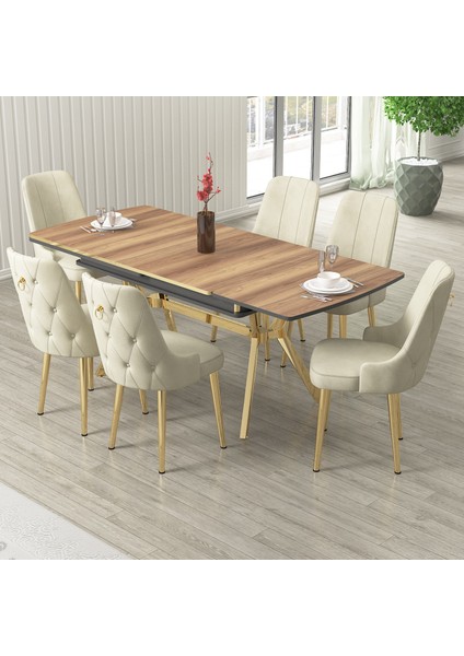 Nis Serisi 89X150 Açılabilir Lak Panel Hazar Masa Takımı 6 Krem Sandalye fiyatları