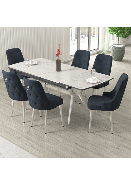 Nis Serisi 89X150 Açılabilir Lak Panel Beyaz Mermer Desen Masa Takımı 6 Sandalye