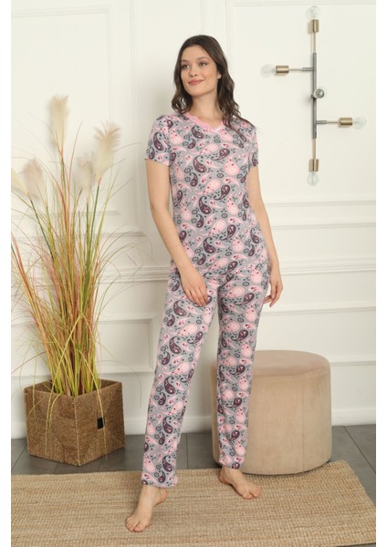 Şal Desenli Kısa Kollu Bambu Pijama Takımı Bamboo