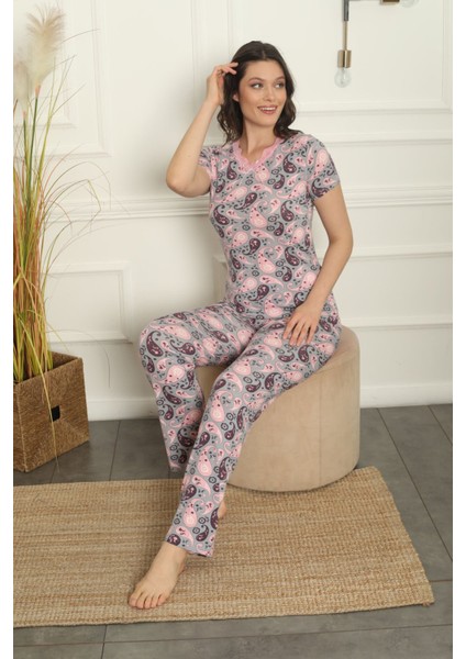 Şal Desenli Kısa Kollu Bambu Pijama Takımı Bamboo