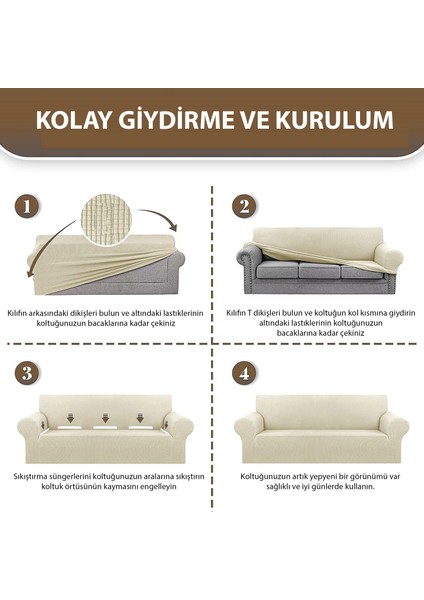Krem Rengi Likrali Esnek 3 Kişilik Koltuk Örtüsü Streç Lastikli Çekyat kanepe kılıfı Modern Koltuk Kılıfı