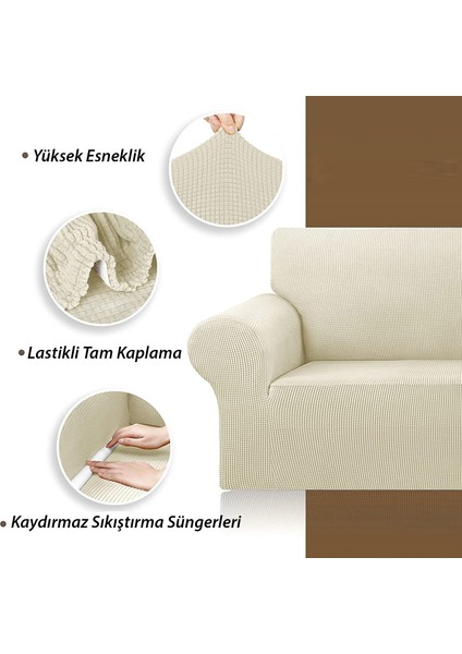 Krem Rengi Likrali Esnek 3 Kişilik Koltuk Örtüsü Streç Lastikli Çekyat kanepe kılıfı Modern Koltuk Kılıfı