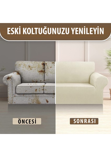 Krem Rengi Likrali Esnek 3 Kişilik Koltuk Örtüsü Streç Lastikli Çekyat kanepe kılıfı Modern Koltuk Kılıfı