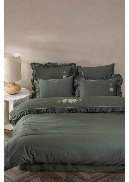Vanya Battal Boy Nevresim Takımı %100 Organik Pamuk Saten Aplike Nakışlı Yeşil 240X220 cm