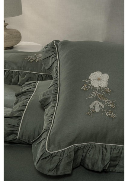 Vanya Battal Boy Nevresim Takımı %100 Organik Pamuk Saten Aplike Nakışlı Yeşil 240X220 cm