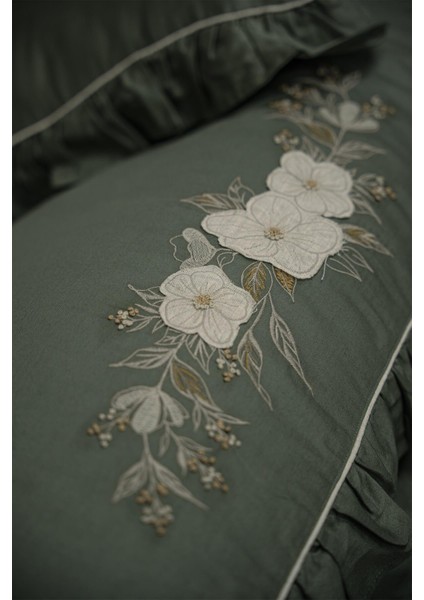 Vanya Battal Boy Nevresim Takımı %100 Organik Pamuk Saten Aplike Nakışlı Yeşil 240X220 cm
