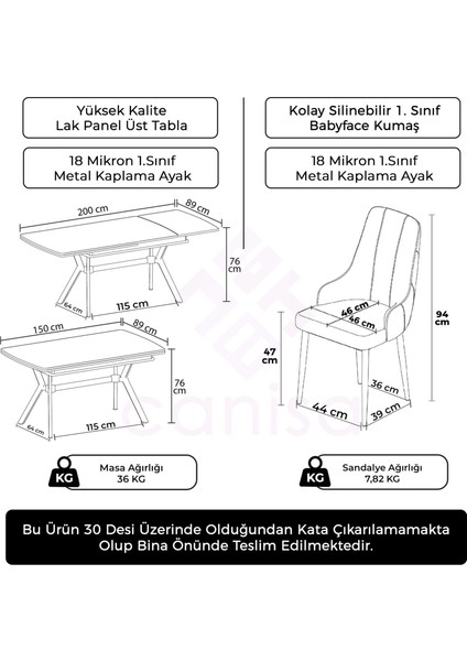 Nis Serisi 89X150 Açılabilir Lak Panel Antrasit Ironi Masa Takımı 6 Gri Sandalye