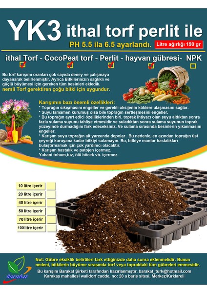 20 Lt Yk3 Ithal Torf ve Cocopeat Perlit Ile. Bitki, Çiçek Sebze Tohumu Icin Toprak
