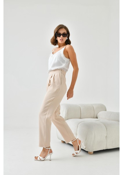 Kadın Lastikli Pleli Dar Paça Pantolon Beige modelleri