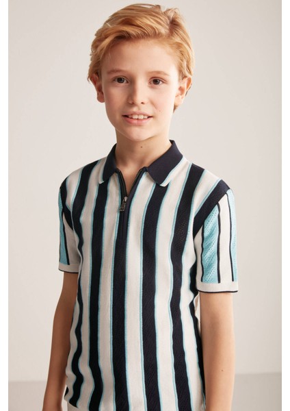 Çizgi Desenli Lacivert-Beyaz Çocuk Triko Polo