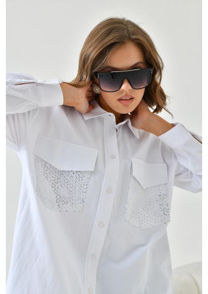 Kadın File Cepli Poplin Gömlek Ekru fiyatları