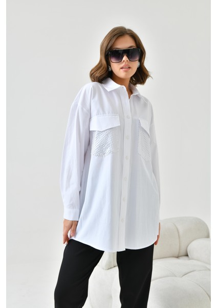 Kadın File Cepli Poplin Gömlek Ekru fırsatları