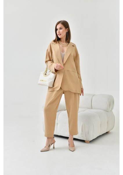 Kadın Keten Ceketli Takım Beige indirimleri