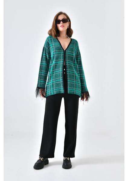 Ftz Women Kadın Kuş Tüyü Detaylı Pantolonlu Takım Siyah-Ekru