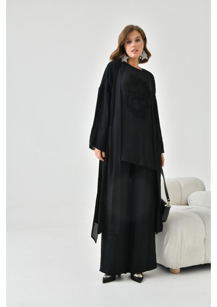 Kadın Nakışlı 3'lü Keten Takım Siyah