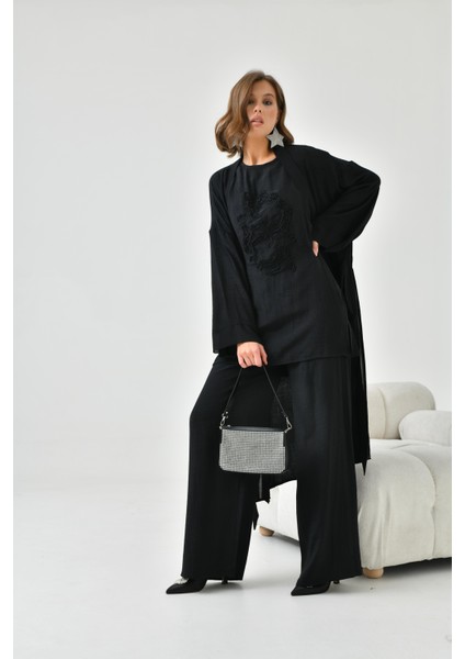 Kadın Nakışlı 3'lü Keten Takım Siyah modelleri