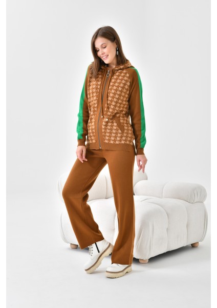 Ftz Women Kadın Kapşonlu Kazayağı Desenli Ikili Takım Taba-Bisküvi