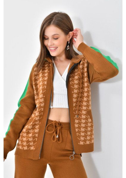 Ftz Women Kadın Kapşonlu Kazayağı Desenli Ikili Takım Taba-Bisküvi fiyatları