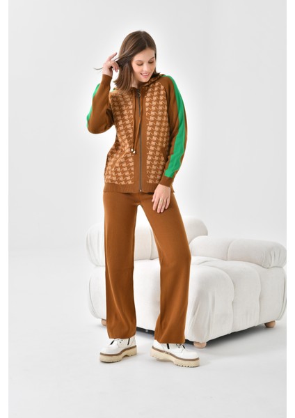 Ftz Women Kadın Kapşonlu Kazayağı Desenli Ikili Takım Taba-Bisküvi modelleri