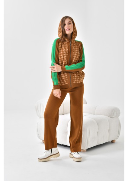 Ftz Women Kadın Kapşonlu Kazayağı Desenli Ikili Takım Taba-Bisküvi fırsatları