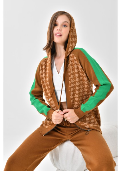 Ftz Women Kadın Kapşonlu Kazayağı Desenli Ikili Takım Taba-Bisküvi indirimleri