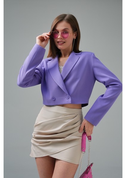 Lila Kruvaze Crop Blazer Ceket