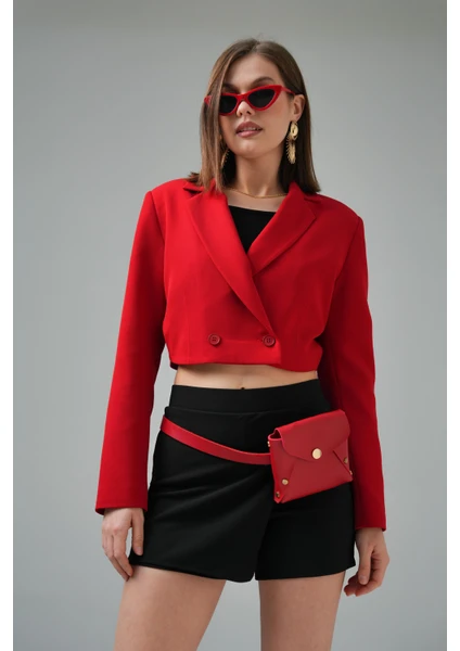 Kırmızı Kruvaze Crop Blazer Ceket