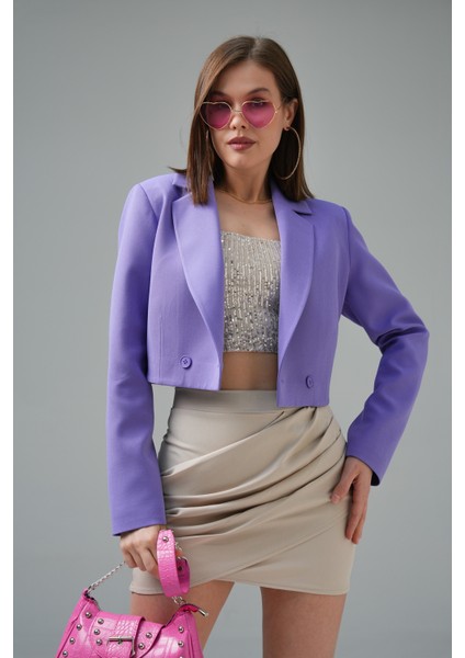 Lila Kruvaze Crop Blazer Ceket