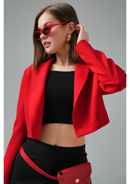 Kırmızı Kruvaze Crop Blazer Ceket