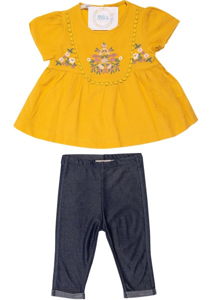 Çiçek Işlemeli Hardal Kız Çocuk Yazlık Müslin Gömlek Şort Takım