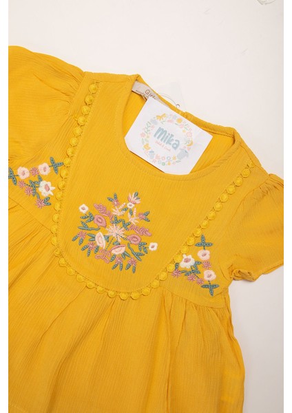 Çiçek Işlemeli Hardal Kız Çocuk Yazlık Müslin Gömlek Şort Takım fiyatları