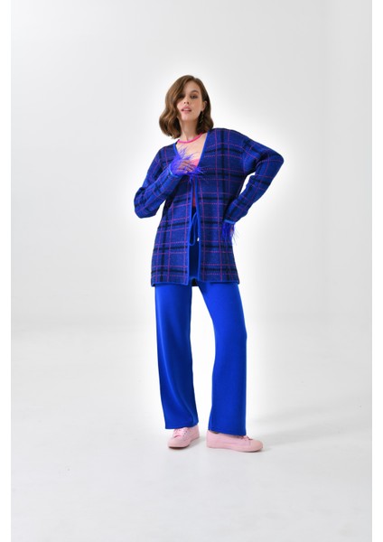 Ftz Women Kadın Kuş Tüyü Detaylı Pantolonlu Takım Saks Mavi