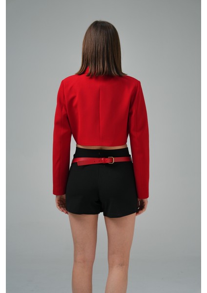 Kırmızı Kruvaze Crop Blazer Ceket